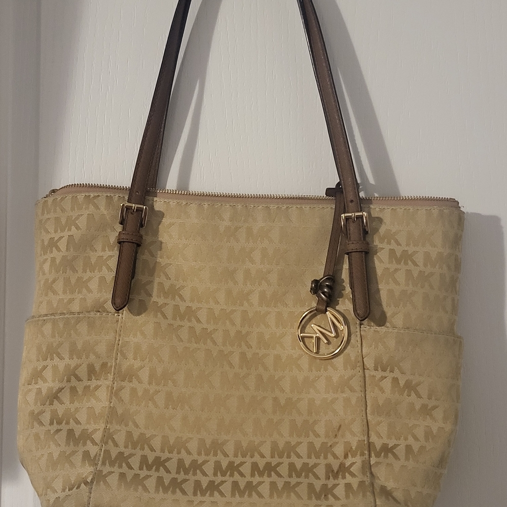Michael Kors Jet Set Top Zip Gold /brown Logo Tote Bag Purse